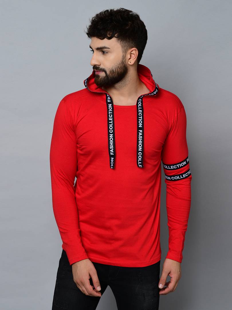 Men's Red Cotton Self Pattern Hooded Tees - SVB Ventures